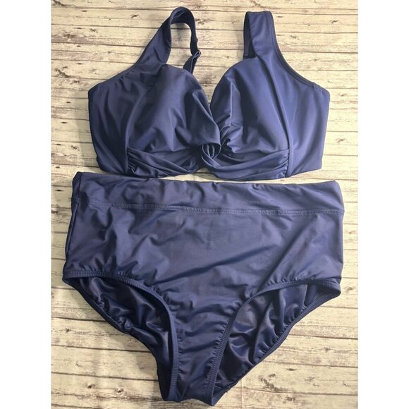 Women's Cheeky High Waisted Bikini Bottoms And Bikini Top Plus Size 16 G Navy - Picture 1 of 7